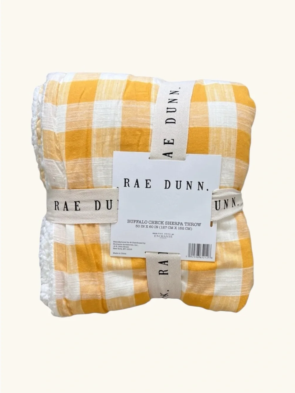 Rae Dunn FAMILY Golden Yellow and White Buffalo Check Gingham Sherpa Throw